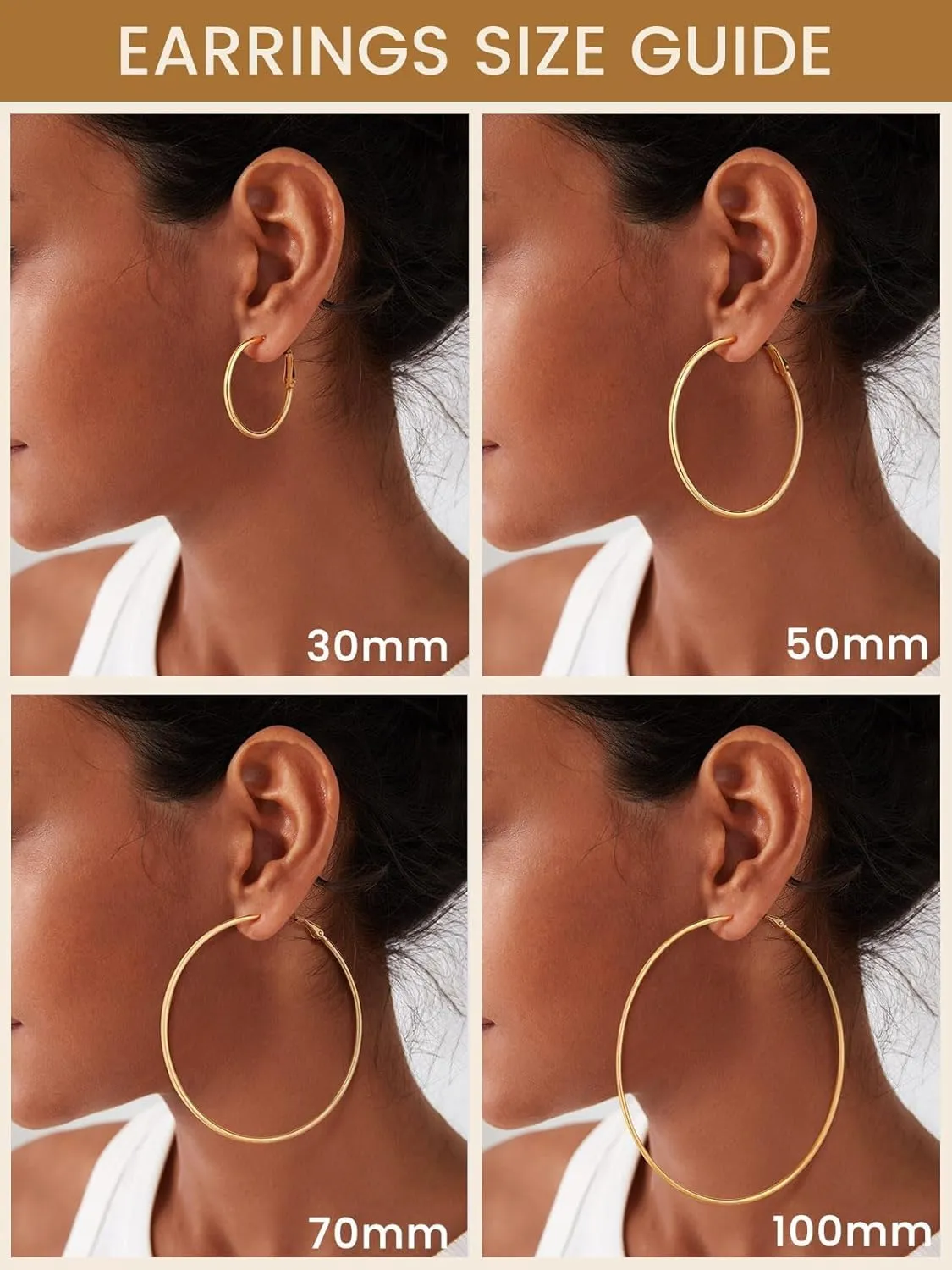 KeyStyle Gold Hoop Earrings for Women, Stainless Steel Hoops Earring Lightweight Loops, 2 mm Thick Hypoallergenic Circle Endless Thin Hoop (30 mm,50 mm,70 mm,100 mm)