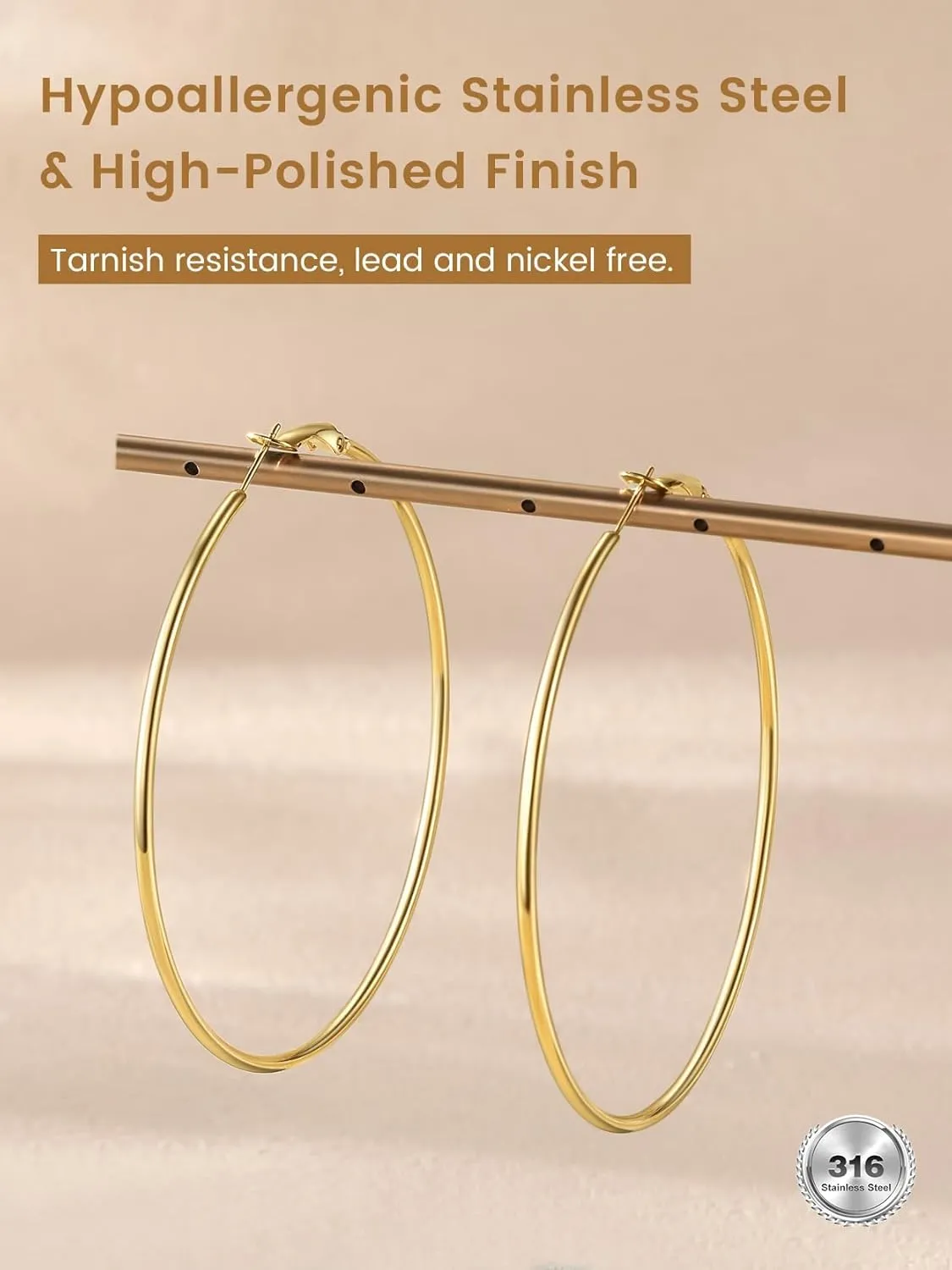 KeyStyle Gold Hoop Earrings for Women, Stainless Steel Hoops Earring Lightweight Loops, 2 mm Thick Hypoallergenic Circle Endless Thin Hoop (30 mm,50 mm,70 mm,100 mm)