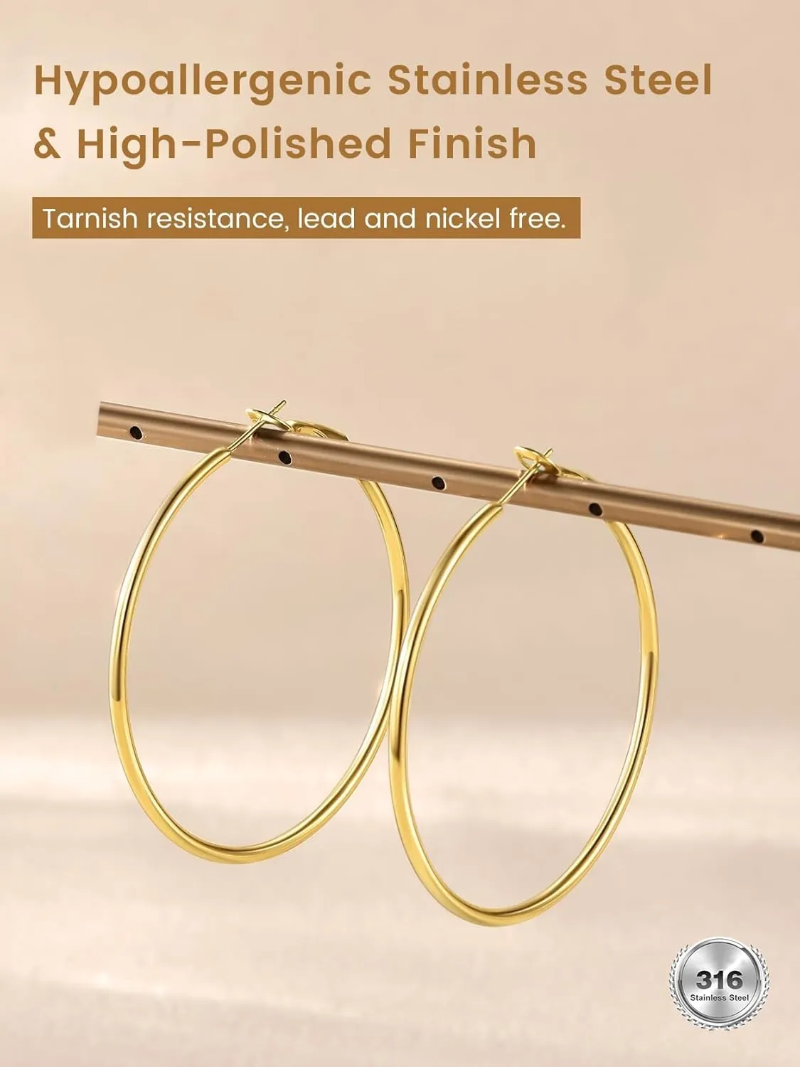 KeyStyle Gold Hoop Earrings for Women, Stainless Steel Hoops Earring Lightweight Loops, 2 mm Thick Hypoallergenic Circle Endless Thin Hoop (30 mm,50 mm,70 mm,100 mm)