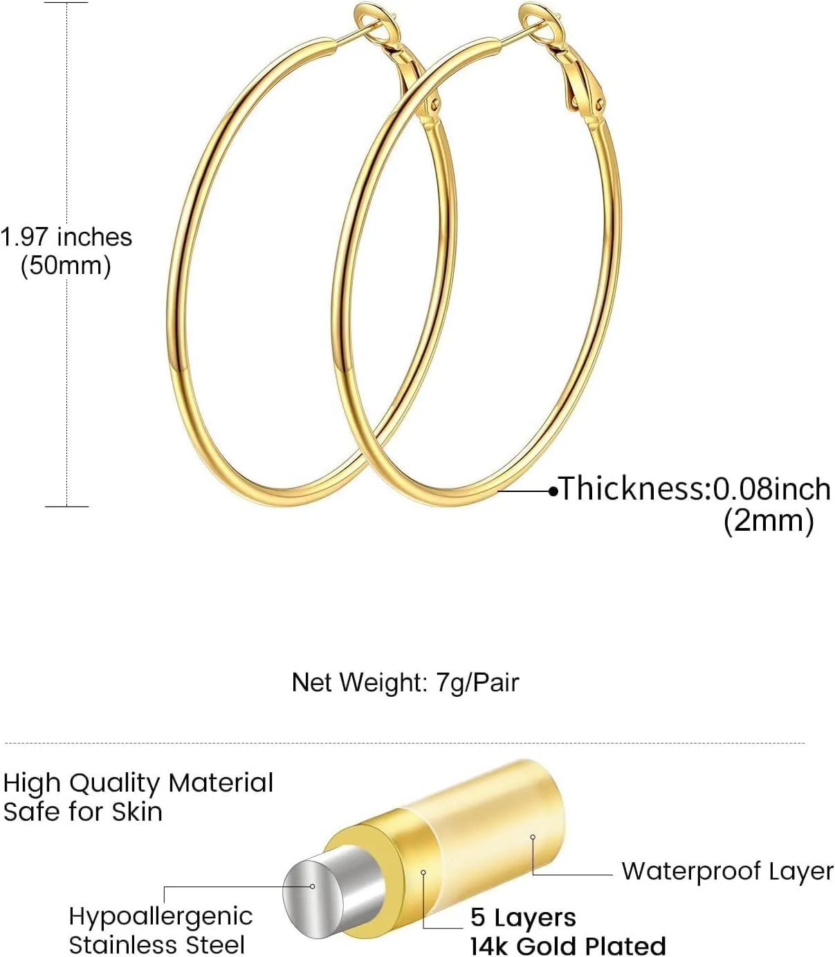 KeyStyle Gold Hoop Earrings for Women, Stainless Steel Hoops Earring Lightweight Loops, 2 mm Thick Hypoallergenic Circle Endless Thin Hoop (30 mm,50 mm,70 mm,100 mm)