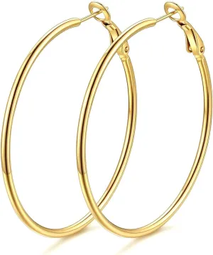 KeyStyle Gold Hoop Earrings for Women, Stainless Steel Hoops Earring Lightweight Loops, 2 mm Thick Hypoallergenic Circle Endless Thin Hoop (30 mm,50 mm,70 mm,100 mm)