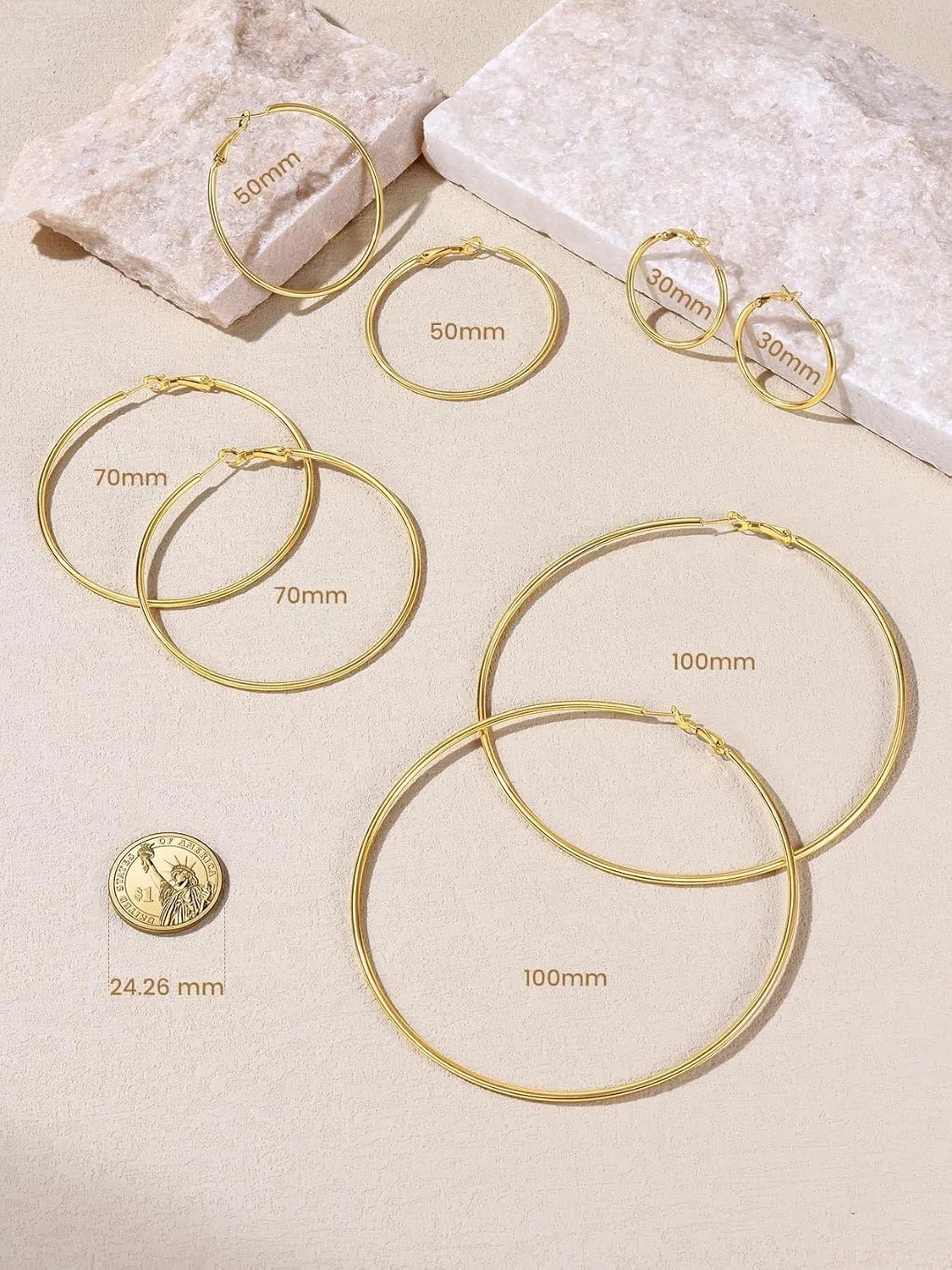 KeyStyle Gold Hoop Earrings for Women, Stainless Steel Hoops Earring Lightweight Loops, 2 mm Thick Hypoallergenic Circle Endless Thin Hoop (30 mm,50 mm,70 mm,100 mm)