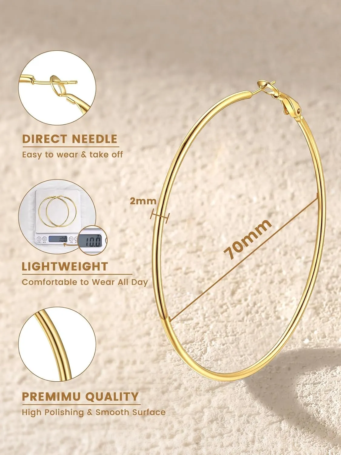 KeyStyle Gold Hoop Earrings for Women, Stainless Steel Hoops Earring Lightweight Loops, 2 mm Thick Hypoallergenic Circle Endless Thin Hoop (30 mm,50 mm,70 mm,100 mm)
