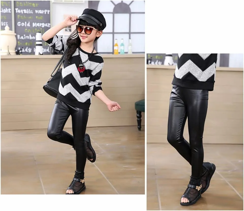 Kids Toddler Girls Faux Leather Pants Shiny Strech Leggings Tights