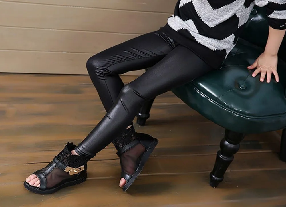 Kids Toddler Girls Faux Leather Pants Shiny Strech Leggings Tights
