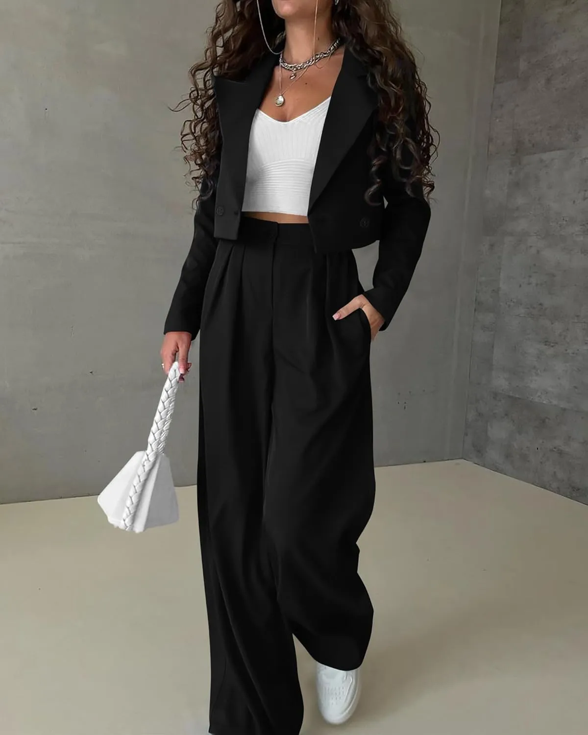 KIRUNDO Women's Two Piece Outfits Business Casual Cropped Blazer Jackets and Wide Leg Pants Suit Sets Work Clothes