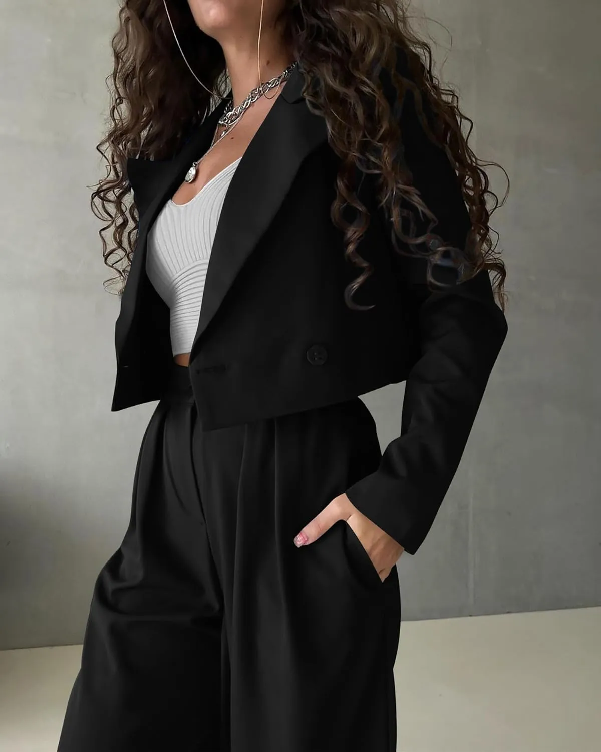 KIRUNDO Women's Two Piece Outfits Business Casual Cropped Blazer Jackets and Wide Leg Pants Suit Sets Work Clothes