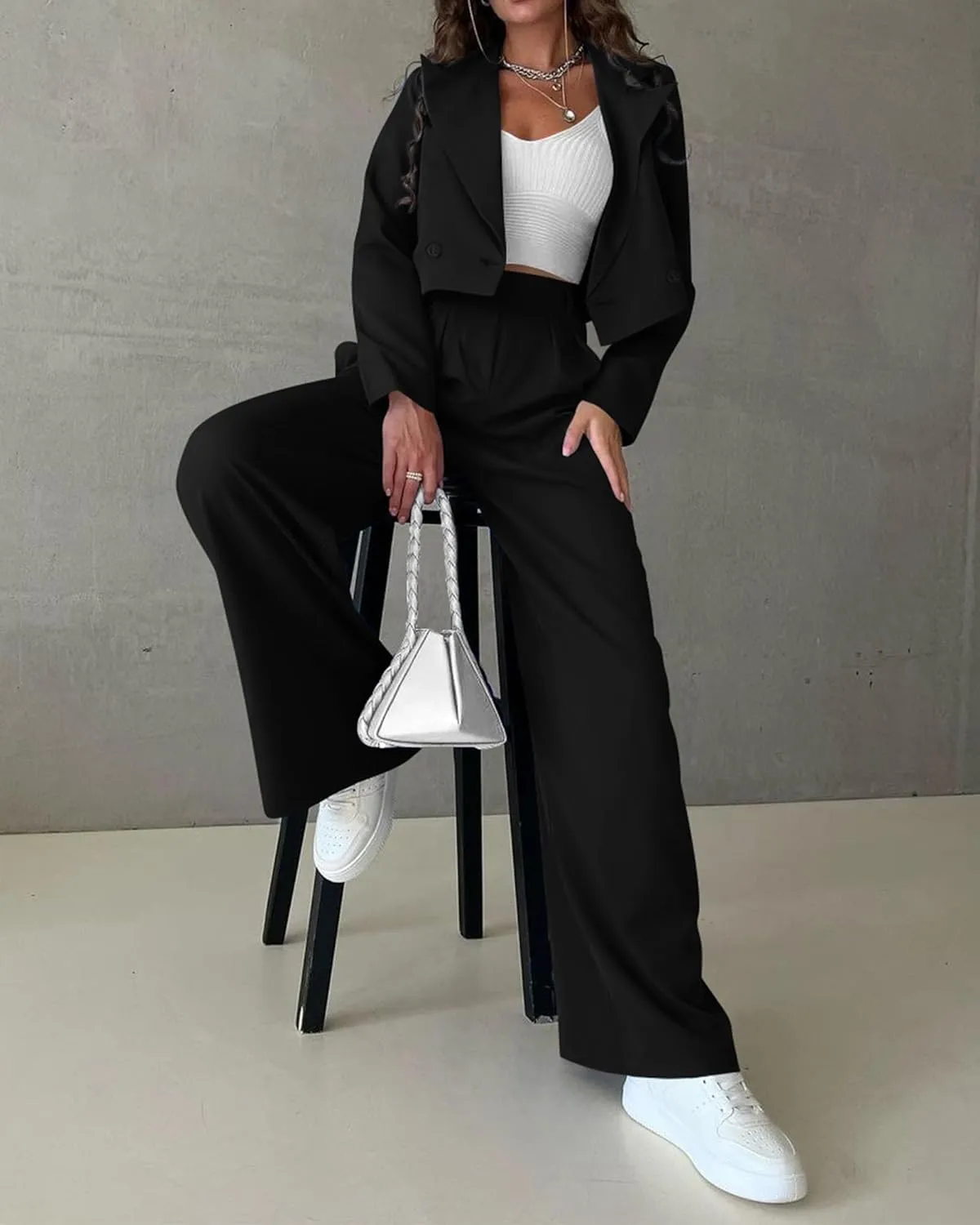 KIRUNDO Women's Two Piece Outfits Business Casual Cropped Blazer Jackets and Wide Leg Pants Suit Sets Work Clothes