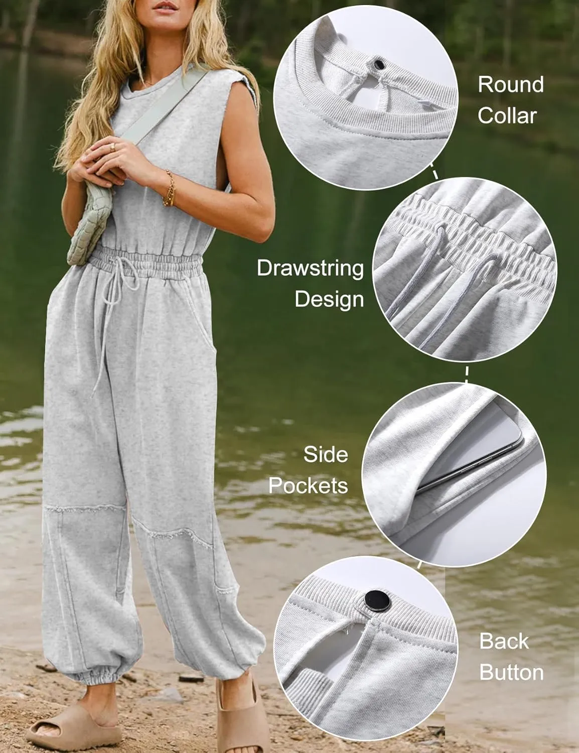 Kissonic Jumpsuits for Women Casual Crewneck Cap Sleeve Drawstring Romper One Piece Outfits with Pockets
