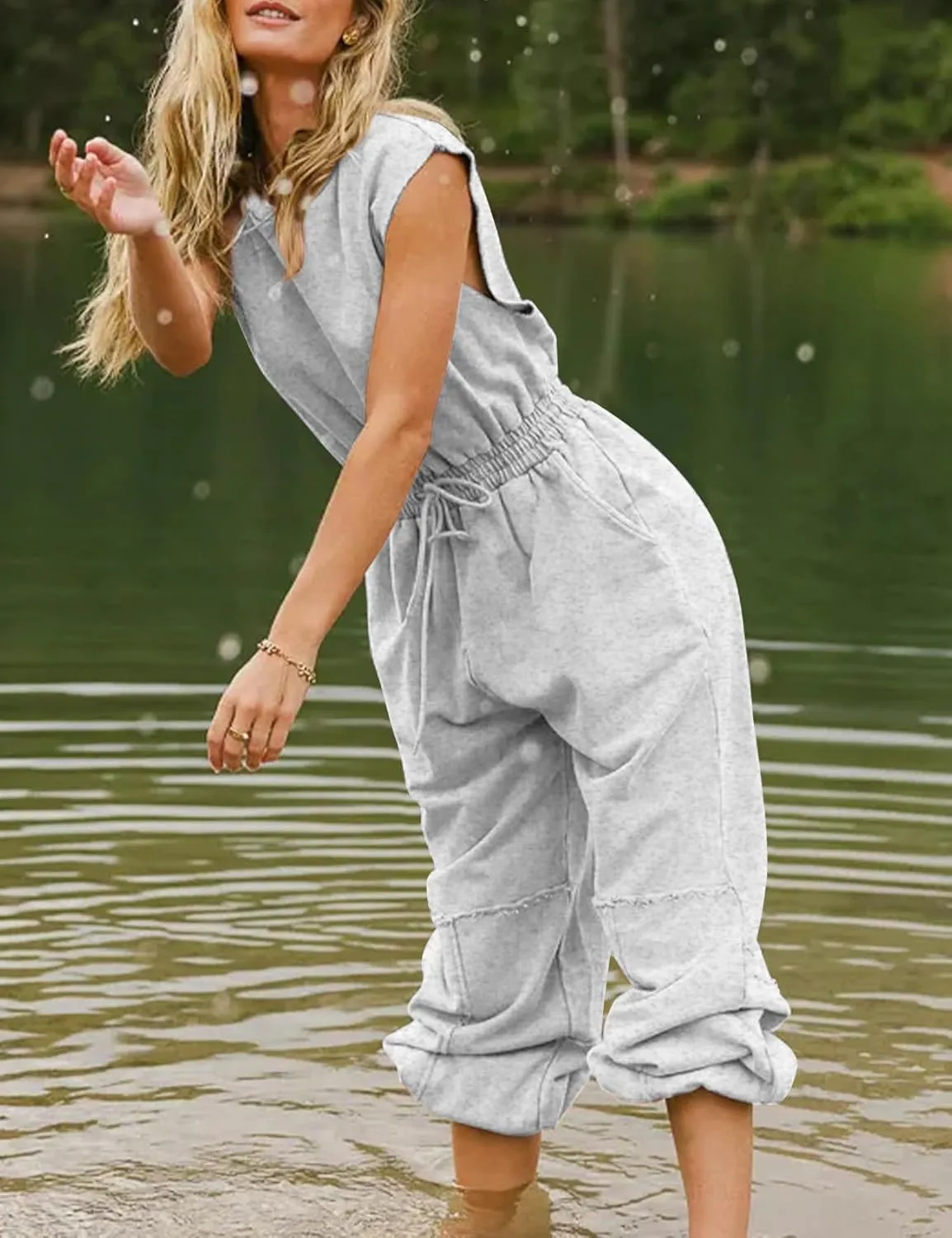 Kissonic Jumpsuits for Women Casual Crewneck Cap Sleeve Drawstring Romper One Piece Outfits with Pockets