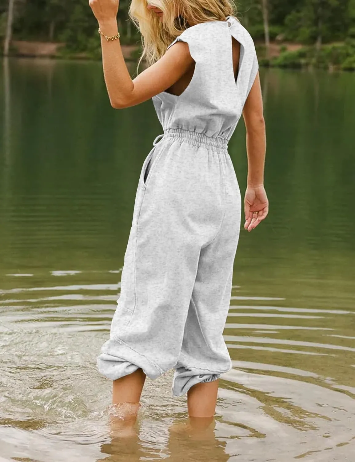 Kissonic Jumpsuits for Women Casual Crewneck Cap Sleeve Drawstring Romper One Piece Outfits with Pockets