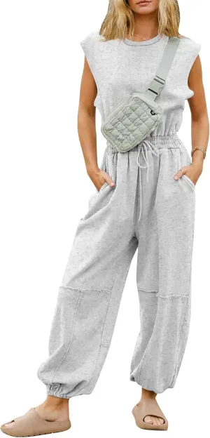 Kissonic Jumpsuits for Women Casual Crewneck Cap Sleeve Drawstring Romper One Piece Outfits with Pockets
