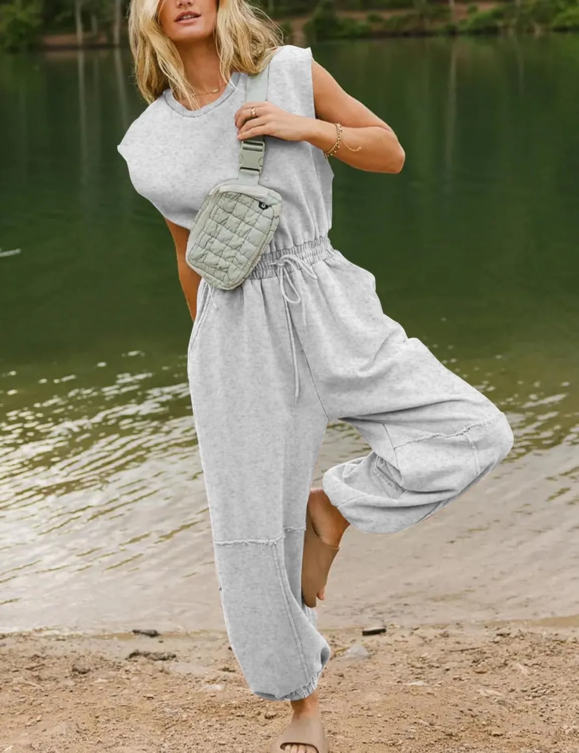 Kissonic Jumpsuits for Women Casual Crewneck Cap Sleeve Drawstring Romper One Piece Outfits with Pockets