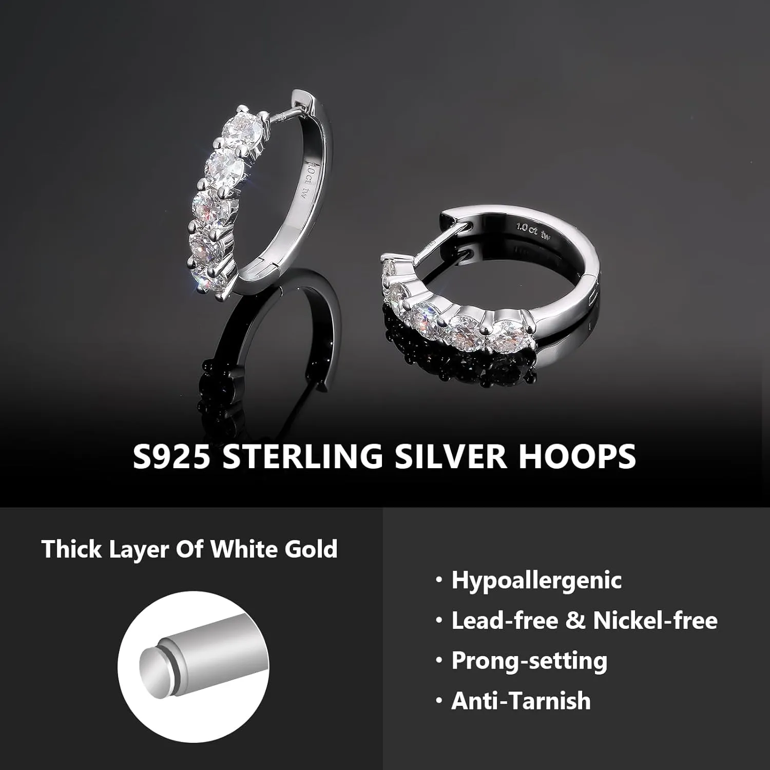 KRKC&CO Moissanite Hoop Earrings for Women, S925 Sterling Silver, D Color VVS1 Clarity 0.6-2.0Ctw Hypoallergenic Huggie Earrings Stud, White Gold Plated Jewelry for Her