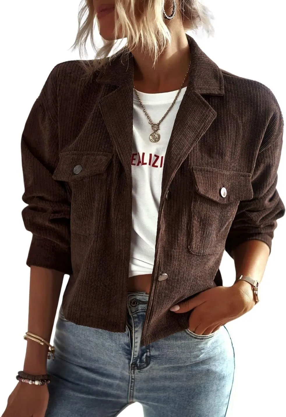 Kwoki Women's Corduroy Jackets Casual Long Sleeve Button Down Shirt Jacket Shacket Fashion Trendy Blazer Tops with Pockets