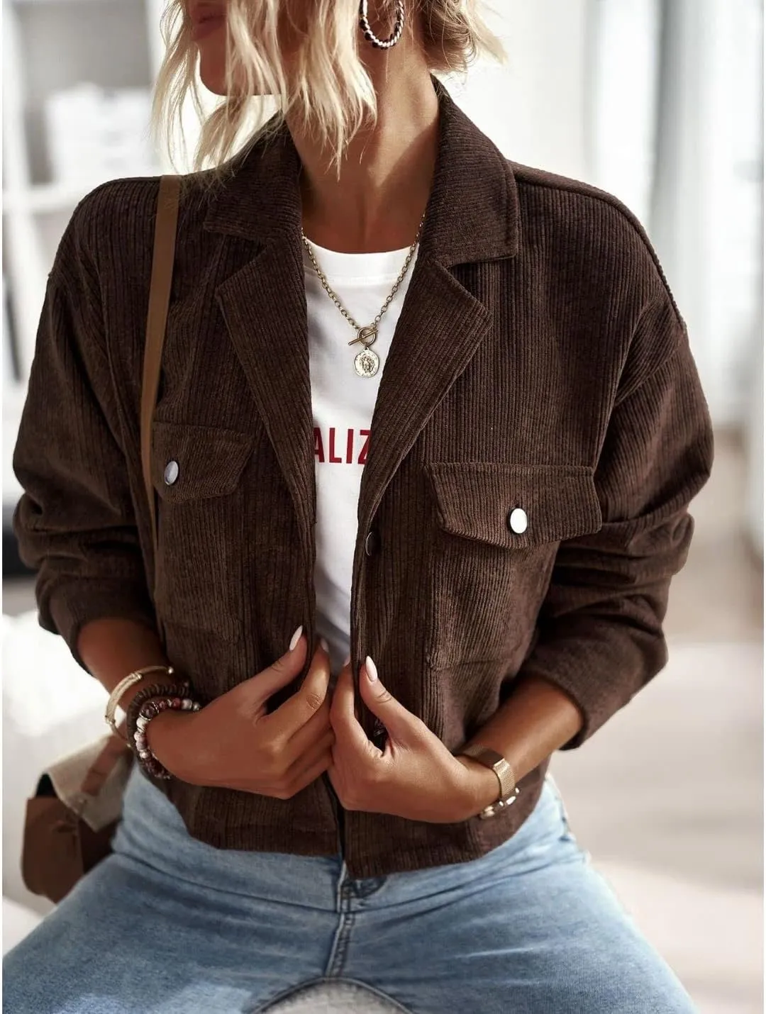 Kwoki Women's Corduroy Jackets Casual Long Sleeve Button Down Shirt Jacket Shacket Fashion Trendy Blazer Tops with Pockets