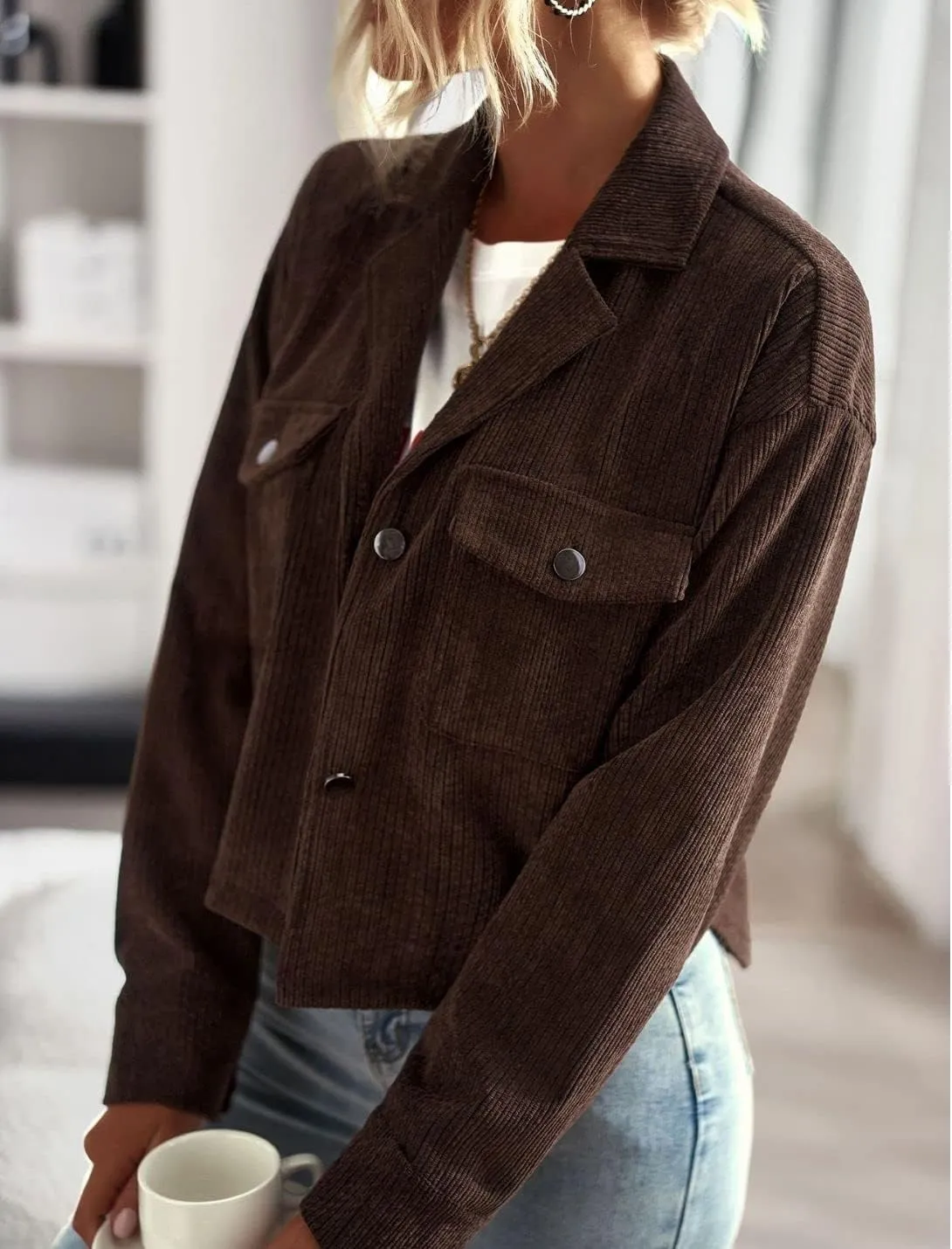 Kwoki Women's Corduroy Jackets Casual Long Sleeve Button Down Shirt Jacket Shacket Fashion Trendy Blazer Tops with Pockets