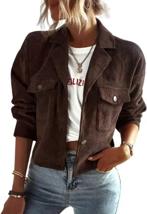 Kwoki Women's Corduroy Jackets Casual Long Sleeve Button Down Shirt Jacket Shacket Fashion Trendy Blazer Tops with Pockets