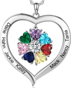 Lam Hub Fong Custom Birthstone Name Necklace for Mother and Daughter - Personalized Heart Necklace with 1-8 Birthstones, Perfect Mothers Day, Birthday or Christmas Gift for Mom, Grandma, or Women