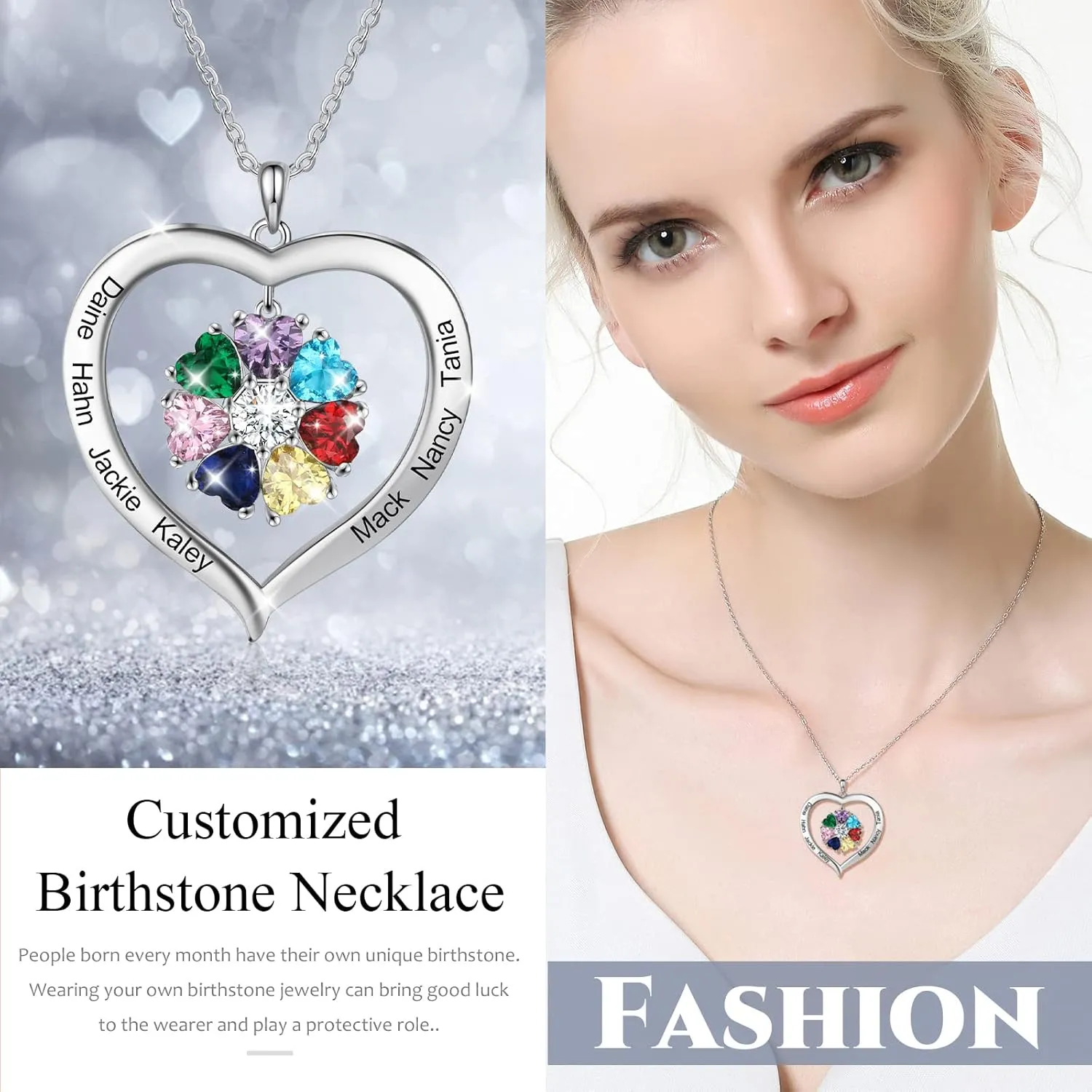 Lam Hub Fong Custom Birthstone Name Necklace for Mother and Daughter - Personalized Heart Necklace with 1-8 Birthstones, Perfect Mothers Day, Birthday or Christmas Gift for Mom, Grandma, or Women