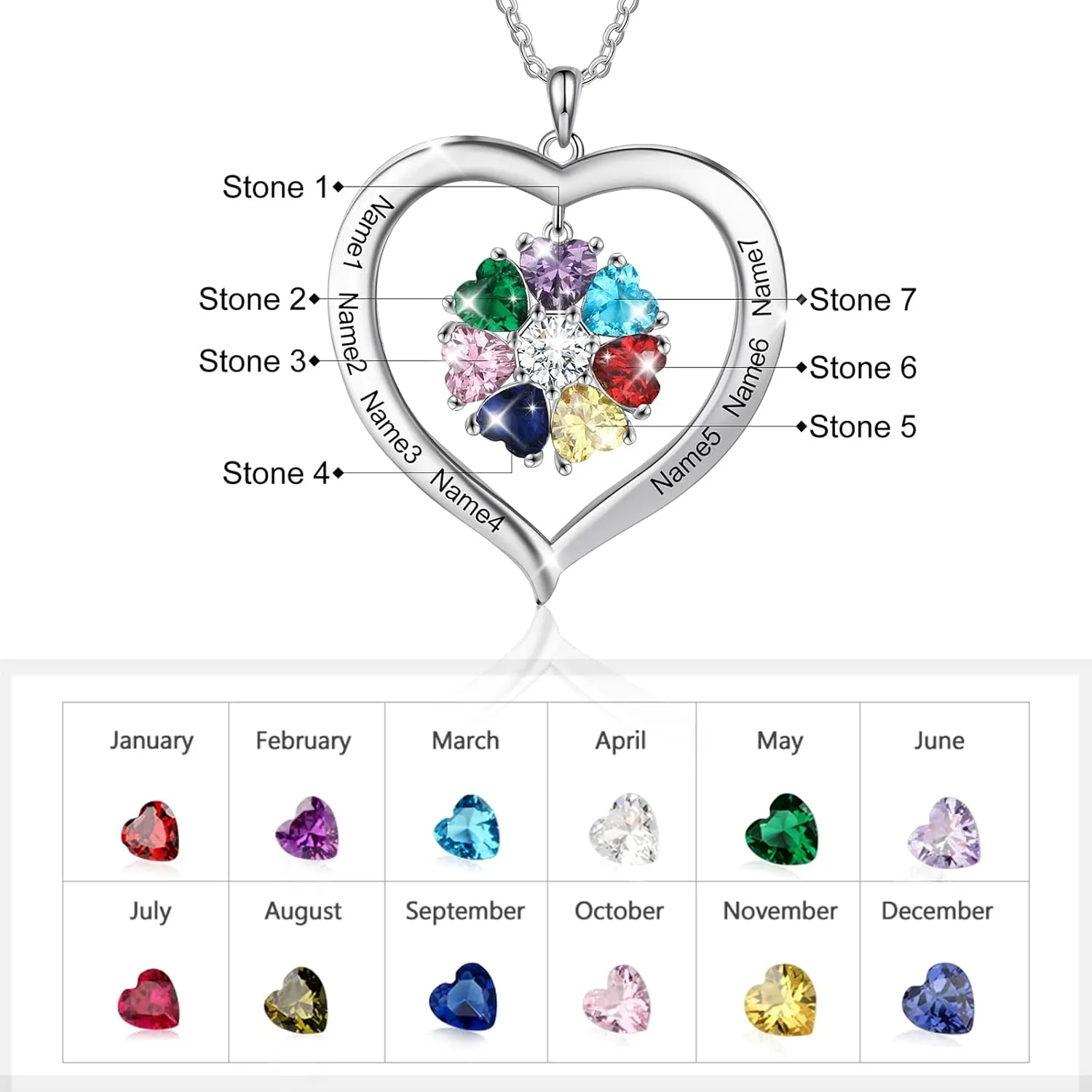 Lam Hub Fong Custom Birthstone Name Necklace for Mother and Daughter - Personalized Heart Necklace with 1-8 Birthstones, Perfect Mothers Day, Birthday or Christmas Gift for Mom, Grandma, or Women