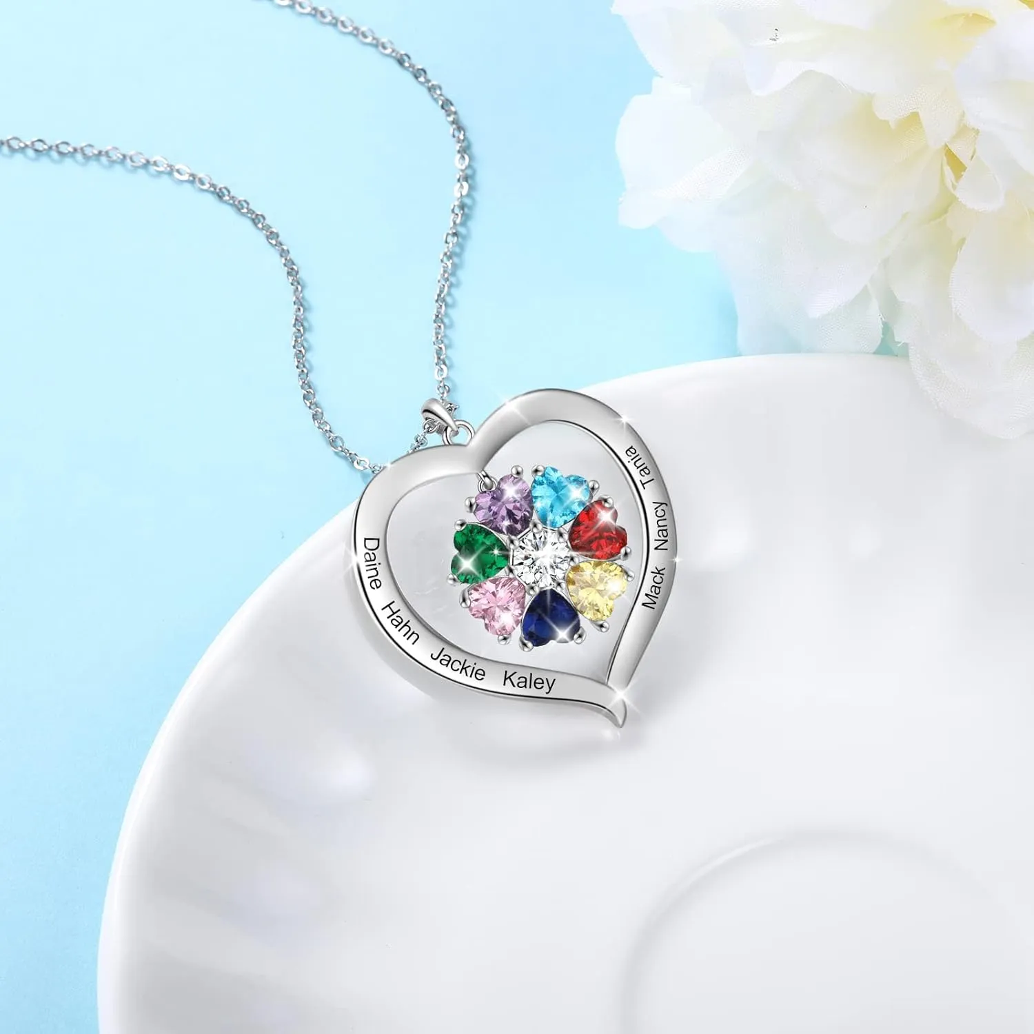 Lam Hub Fong Custom Birthstone Name Necklace for Mother and Daughter - Personalized Heart Necklace with 1-8 Birthstones, Perfect Mothers Day, Birthday or Christmas Gift for Mom, Grandma, or Women