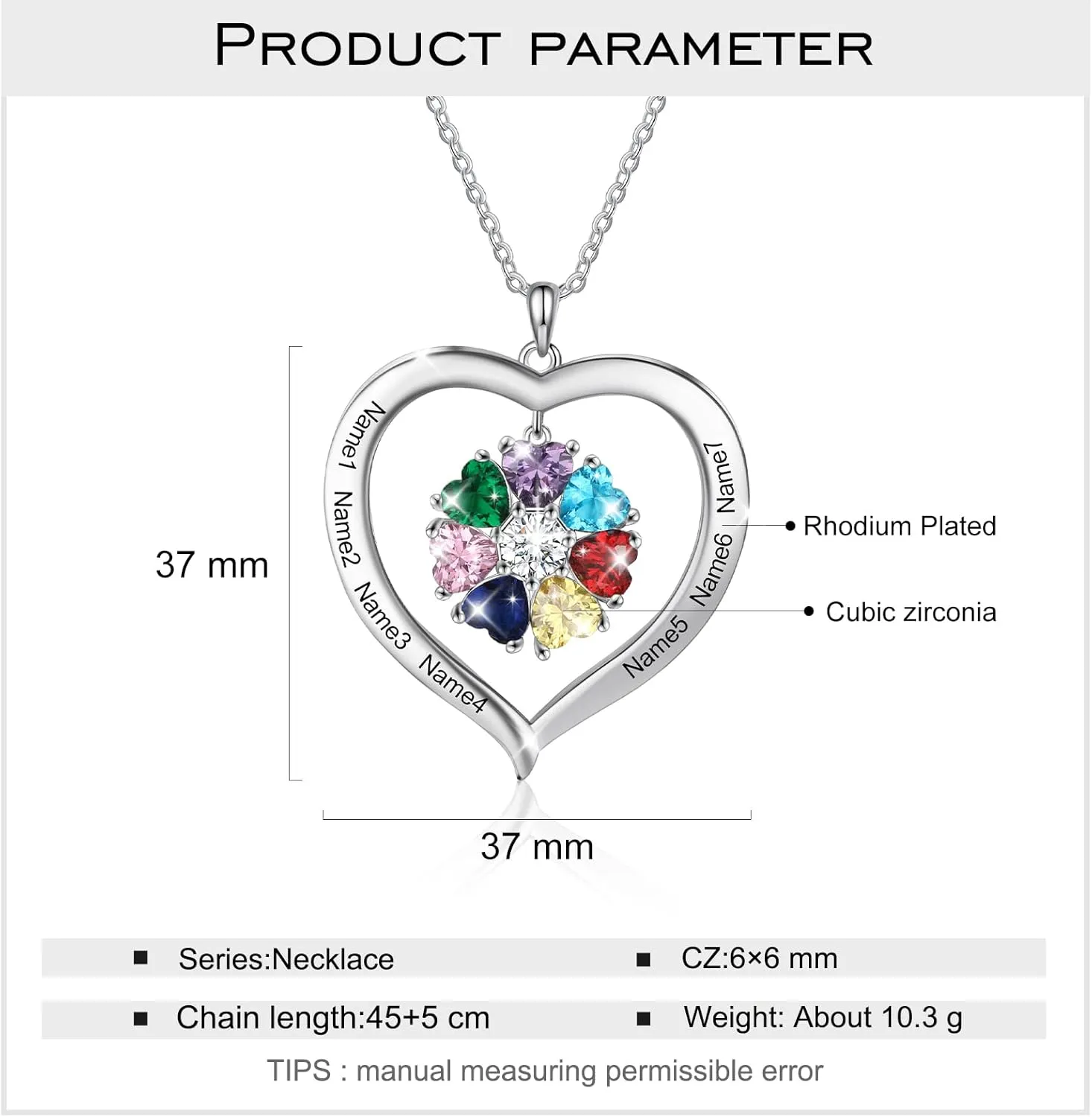 Lam Hub Fong Custom Birthstone Name Necklace for Mother and Daughter - Personalized Heart Necklace with 1-8 Birthstones, Perfect Mothers Day, Birthday or Christmas Gift for Mom, Grandma, or Women