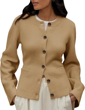Langwyqu Womens Button Down Cardigan Sweaters Open Front Long Sleeve Slim Fit Sweater Coat Winter Solid Outwear with Pockets