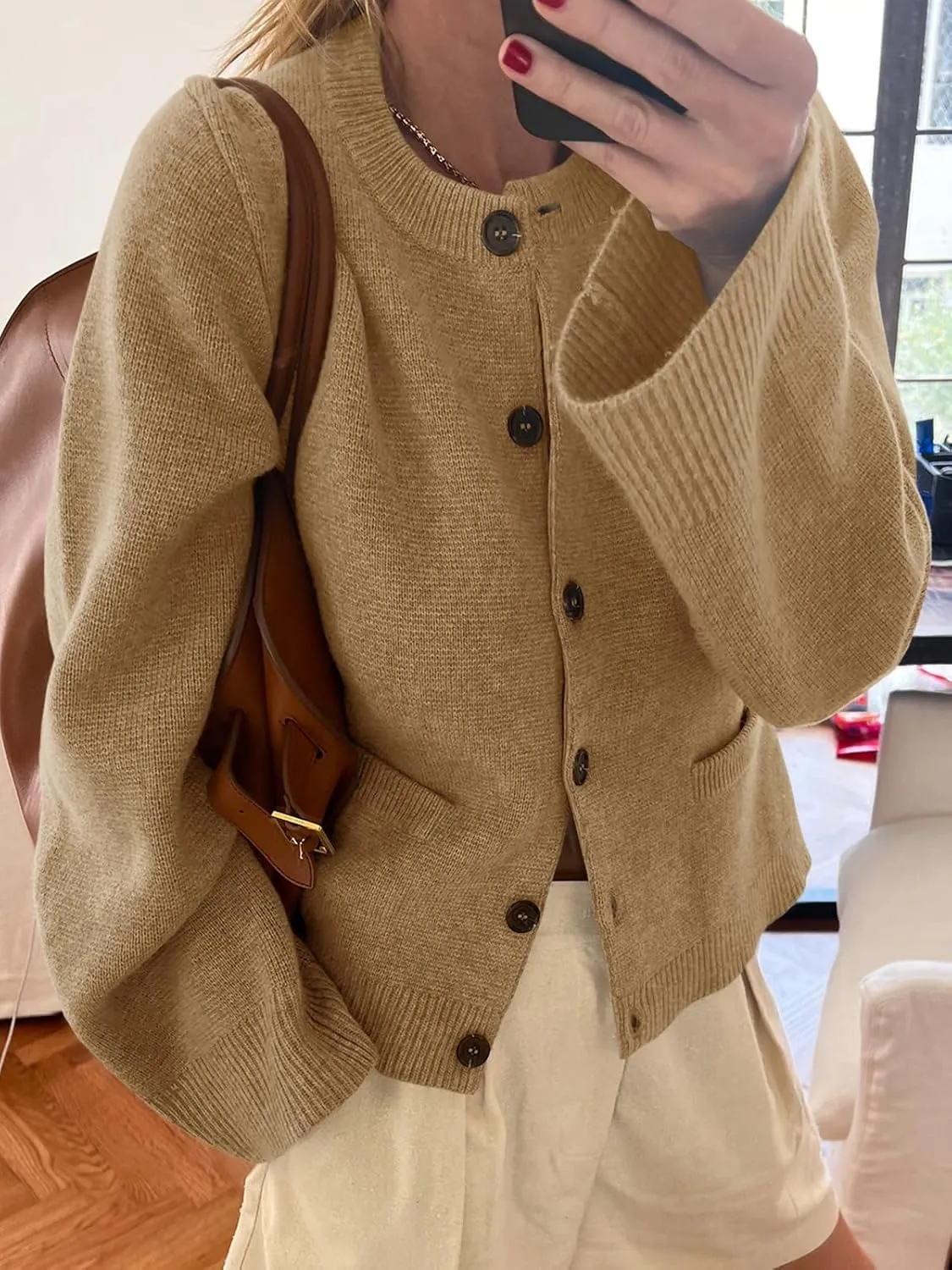 Langwyqu Womens Button Down Cardigan Sweaters Open Front Long Sleeve Slim Fit Sweater Coat Winter Solid Outwear with Pockets