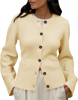 Langwyqu Womens Button Down Cardigan Sweaters Open Front Long Sleeve Slim Fit Sweater Coat Winter Solid Outwear with Pockets