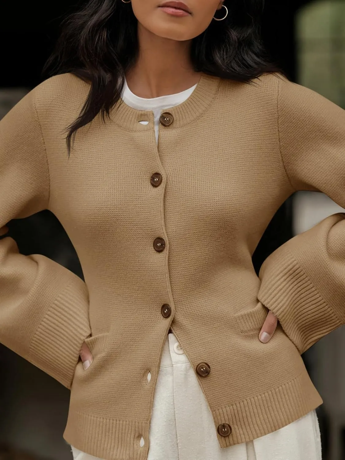 Langwyqu Womens Button Down Cardigan Sweaters Open Front Long Sleeve Slim Fit Sweater Coat Winter Solid Outwear with Pockets