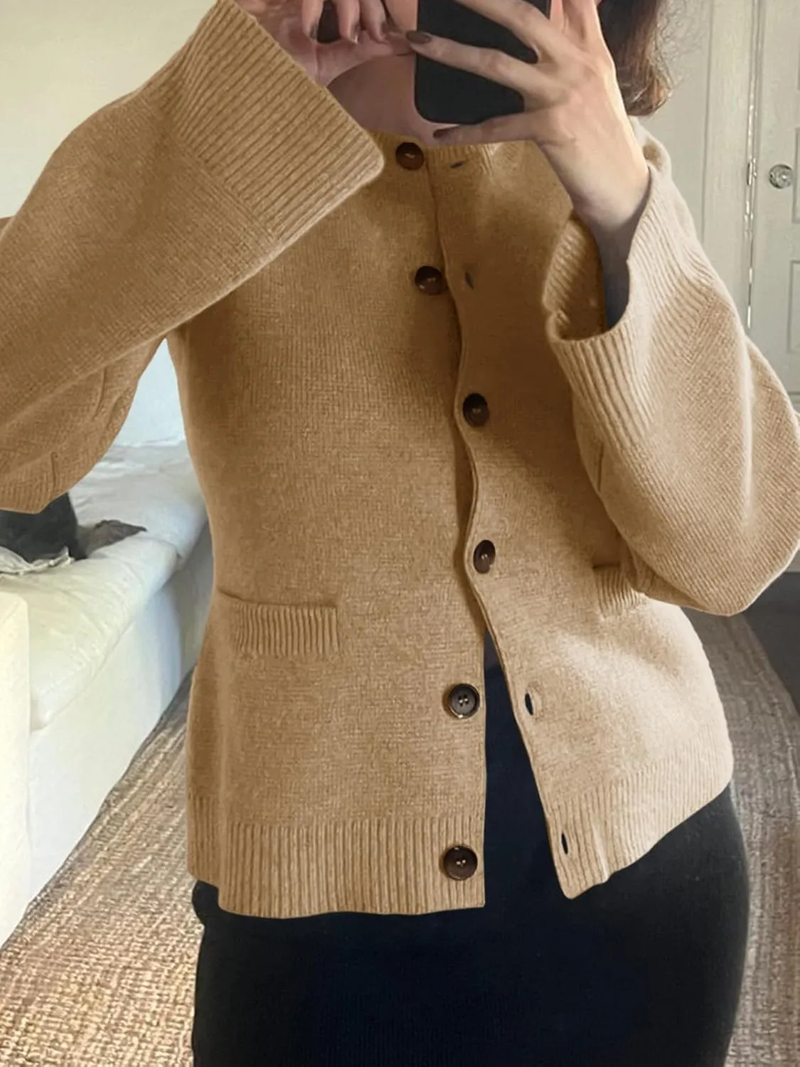 Langwyqu Womens Button Down Cardigan Sweaters Open Front Long Sleeve Slim Fit Sweater Coat Winter Solid Outwear with Pockets