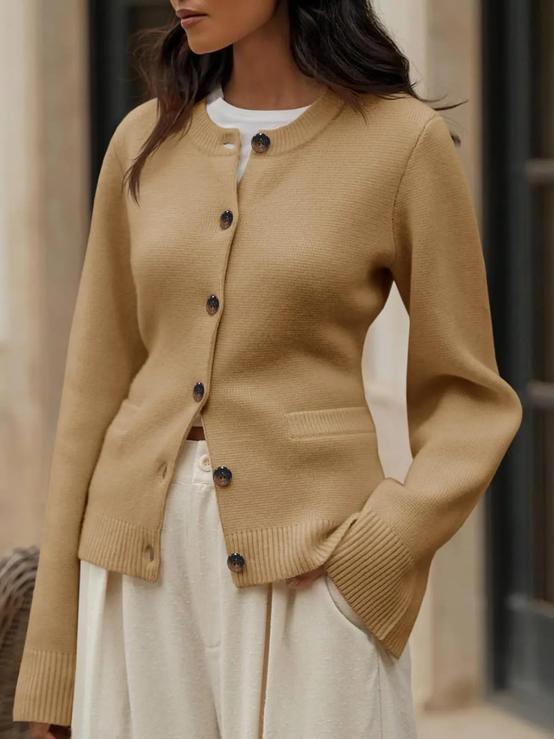 Langwyqu Womens Button Down Cardigan Sweaters Open Front Long Sleeve Slim Fit Sweater Coat Winter Solid Outwear with Pockets