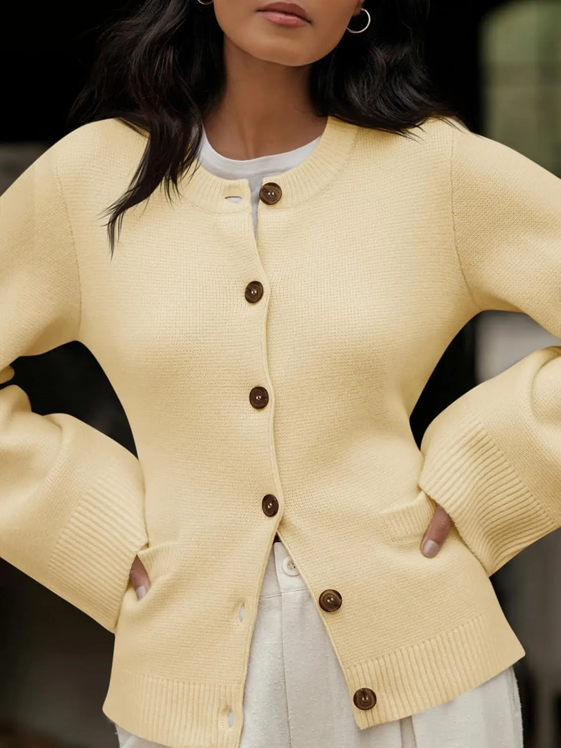 Langwyqu Womens Button Down Cardigan Sweaters Open Front Long Sleeve Slim Fit Sweater Coat Winter Solid Outwear with Pockets