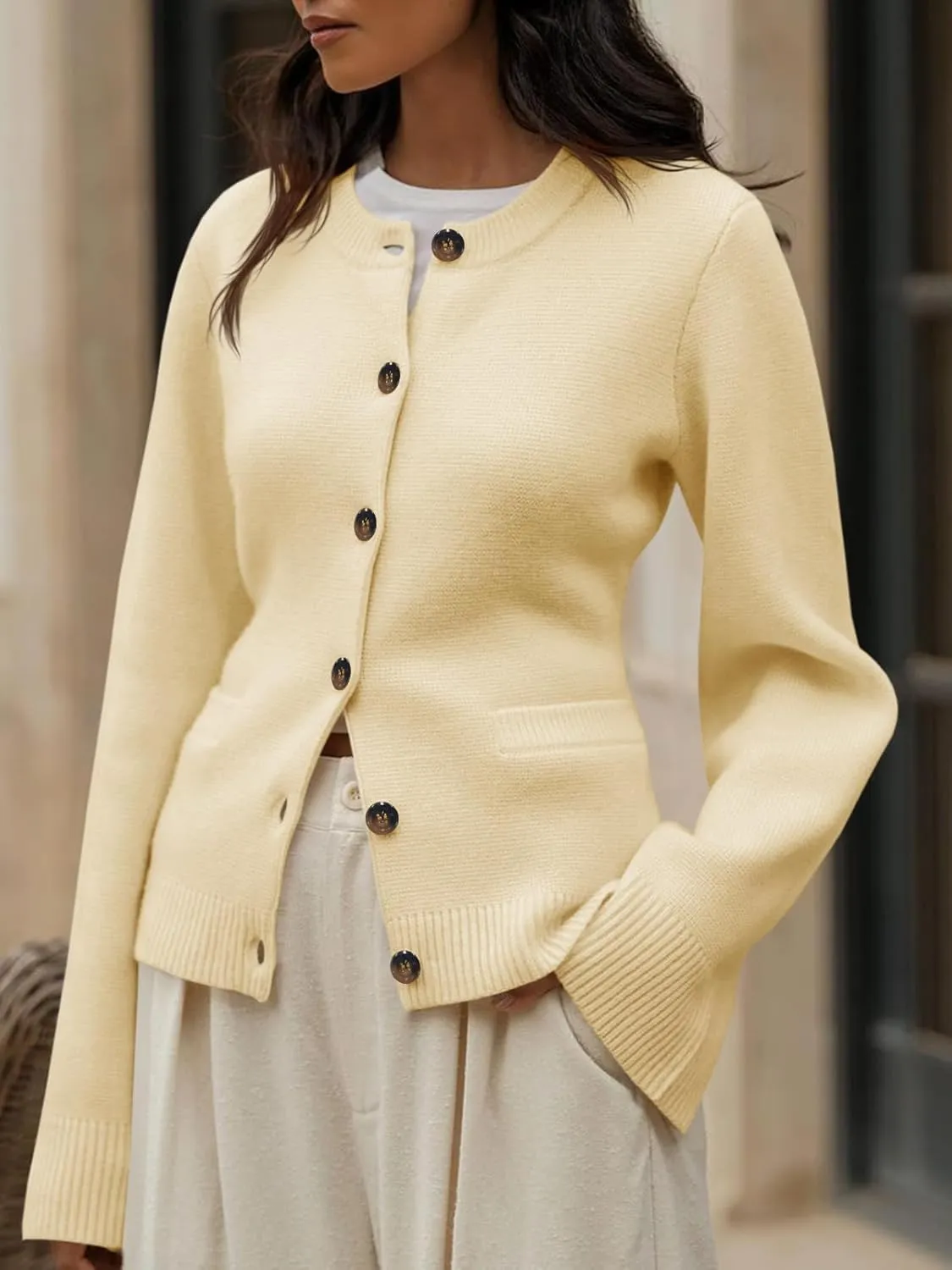 Langwyqu Womens Button Down Cardigan Sweaters Open Front Long Sleeve Slim Fit Sweater Coat Winter Solid Outwear with Pockets
