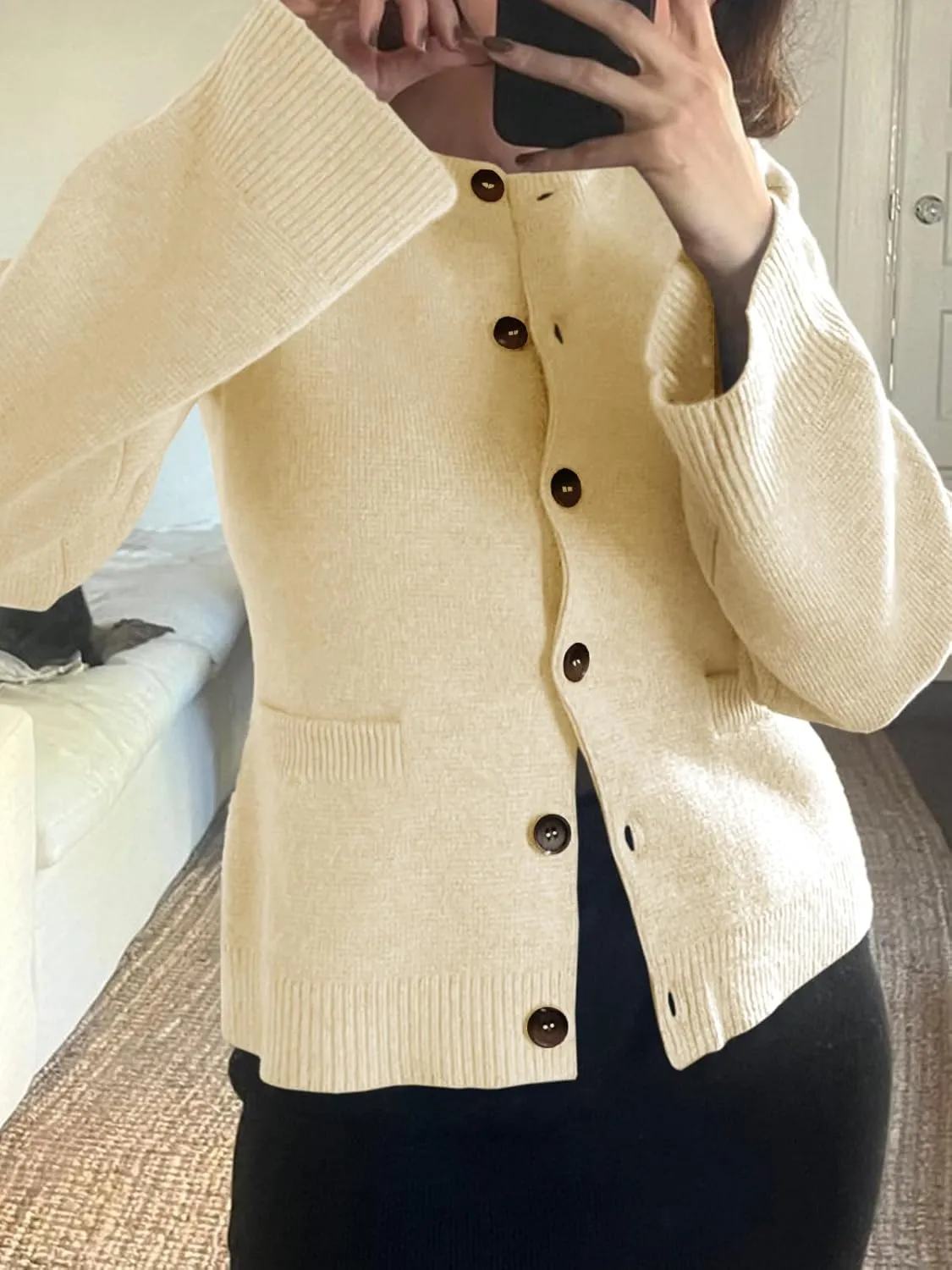 Langwyqu Womens Button Down Cardigan Sweaters Open Front Long Sleeve Slim Fit Sweater Coat Winter Solid Outwear with Pockets
