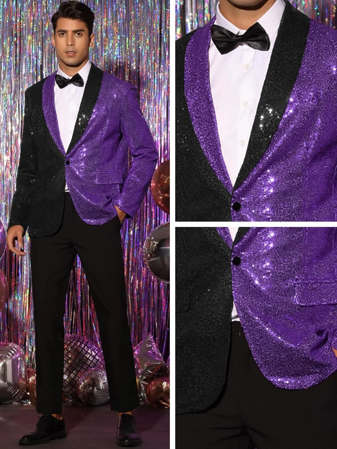 Lars Amadeus Sequin Blazer for Men's Shawl Lapel Party Disco Shinny Color Block Sports Coats