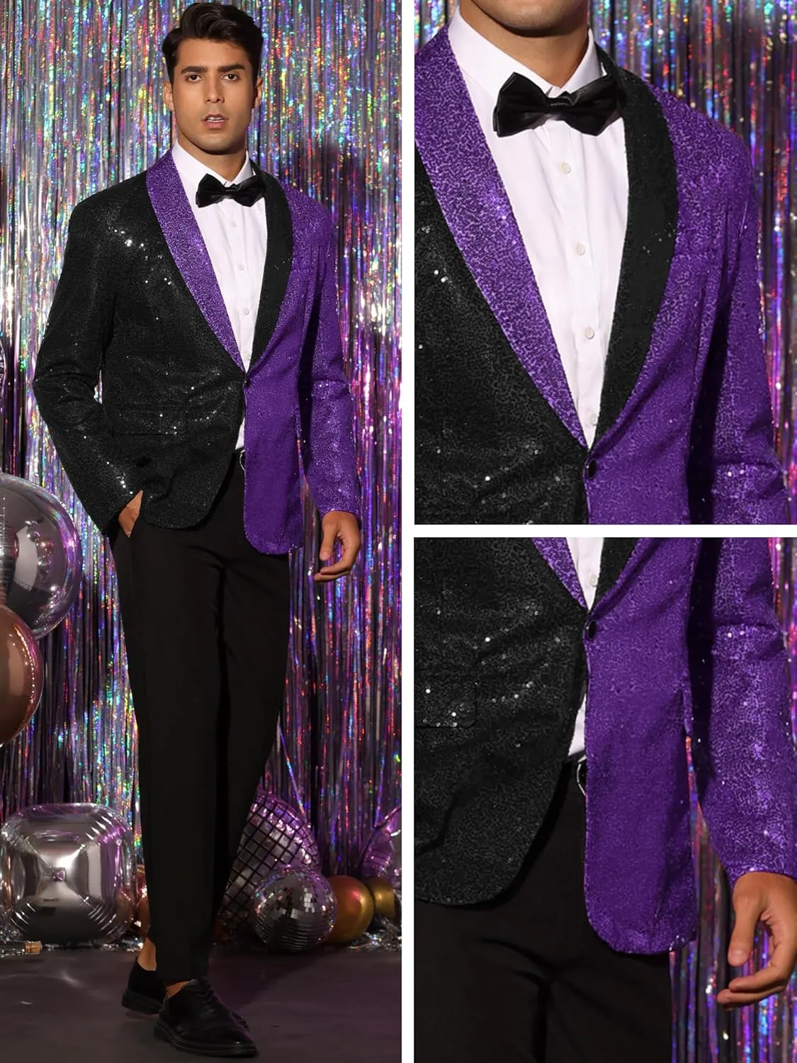 Lars Amadeus Sequin Blazer for Men's Shawl Lapel Party Disco Shinny Color Block Sports Coats