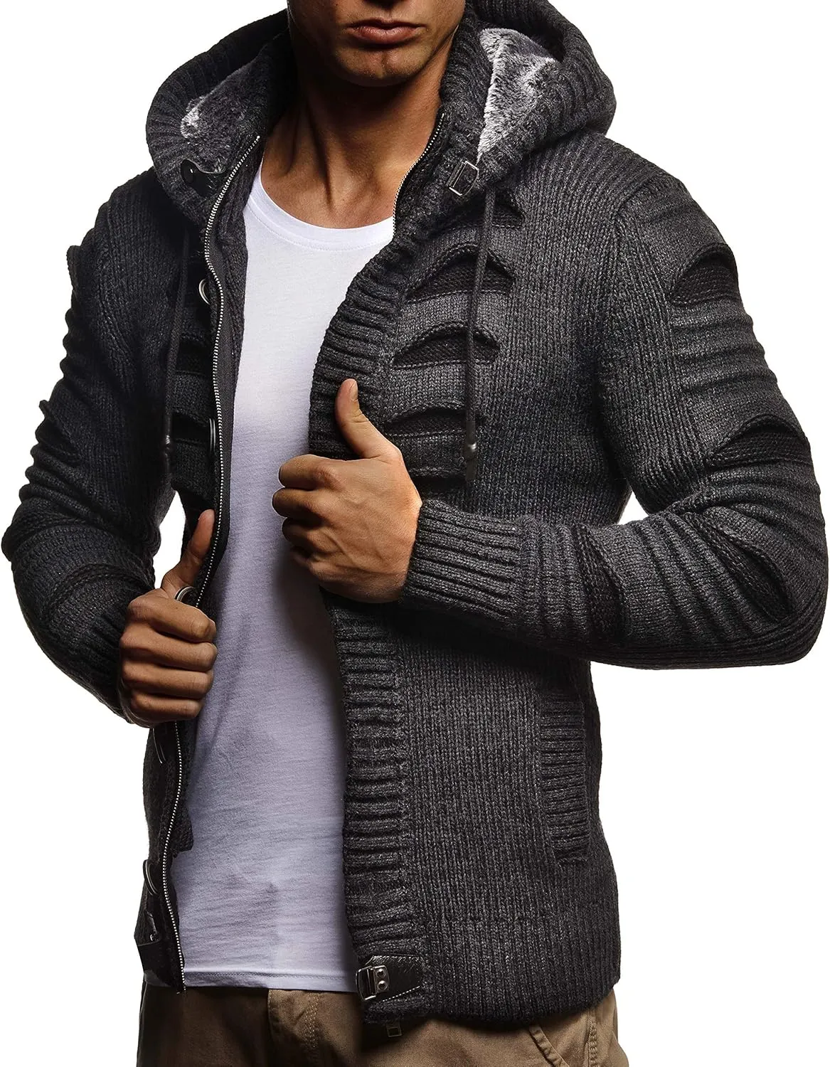 Leif Nelson Men's Stylish Knit Sweater With Buttons | Knitted Sweatshirt Pullover With Hood | Warm For Winter | LN5605