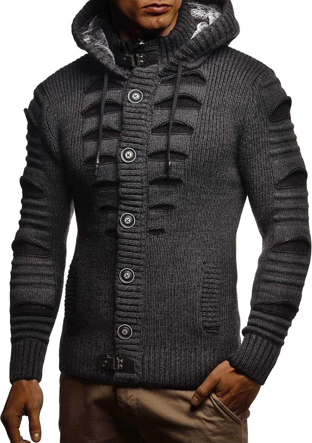 Leif Nelson Men's Stylish Knit Sweater With Buttons | Knitted Sweatshirt Pullover With Hood | Warm For Winter | LN5605