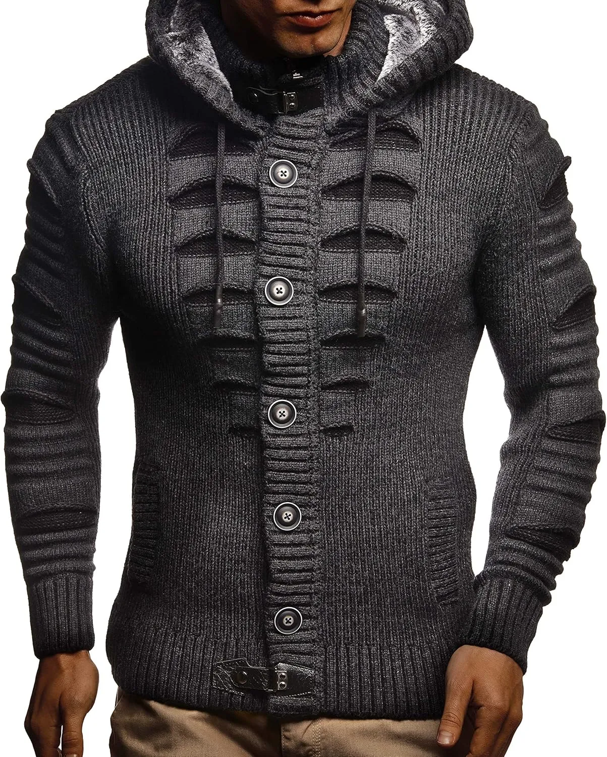 Leif Nelson Men's Stylish Knit Sweater With Buttons | Knitted Sweatshirt Pullover With Hood | Warm For Winter | LN5605