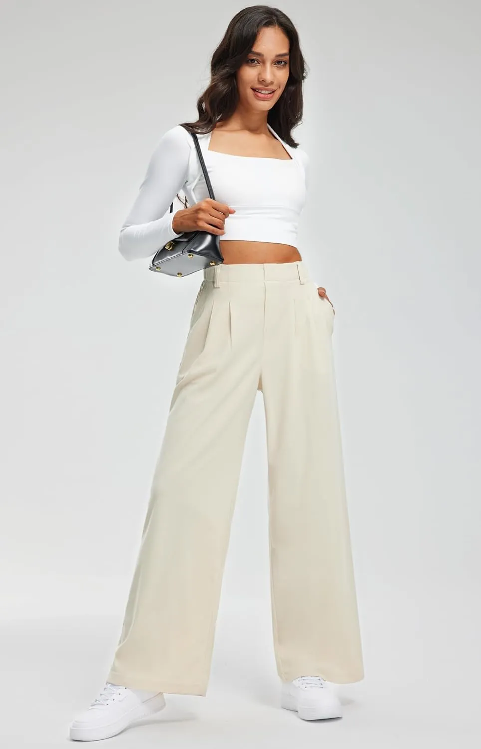 Libin Women's Wide Leg Pants 27"/29" High Waisted Waffle Knit Casual Slacks Work Pants Business Palazzo Trousers with Pockets
