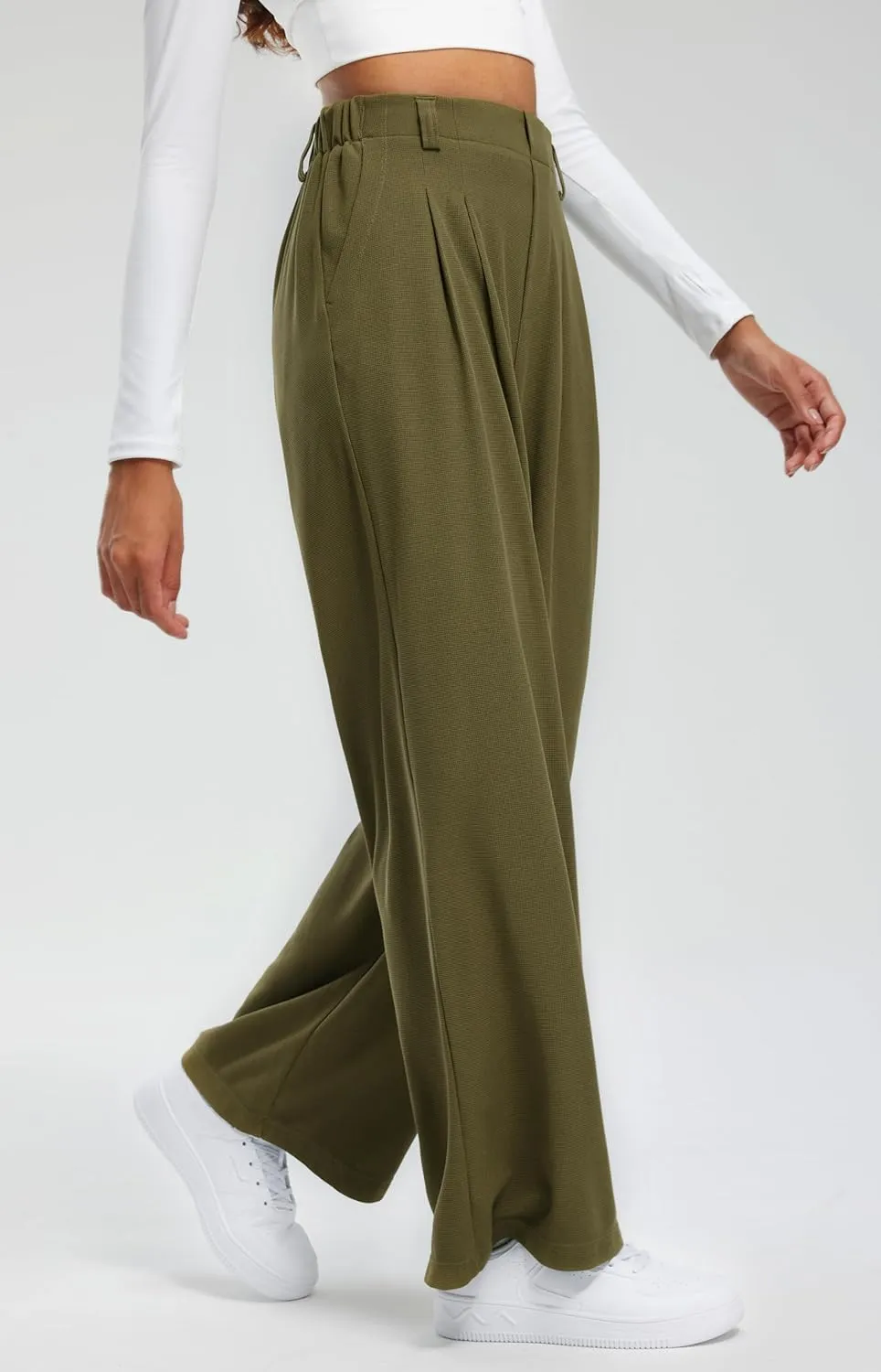 Libin Women's Wide Leg Pants 27"/29" High Waisted Waffle Knit Casual Slacks Work Pants Business Palazzo Trousers with Pockets