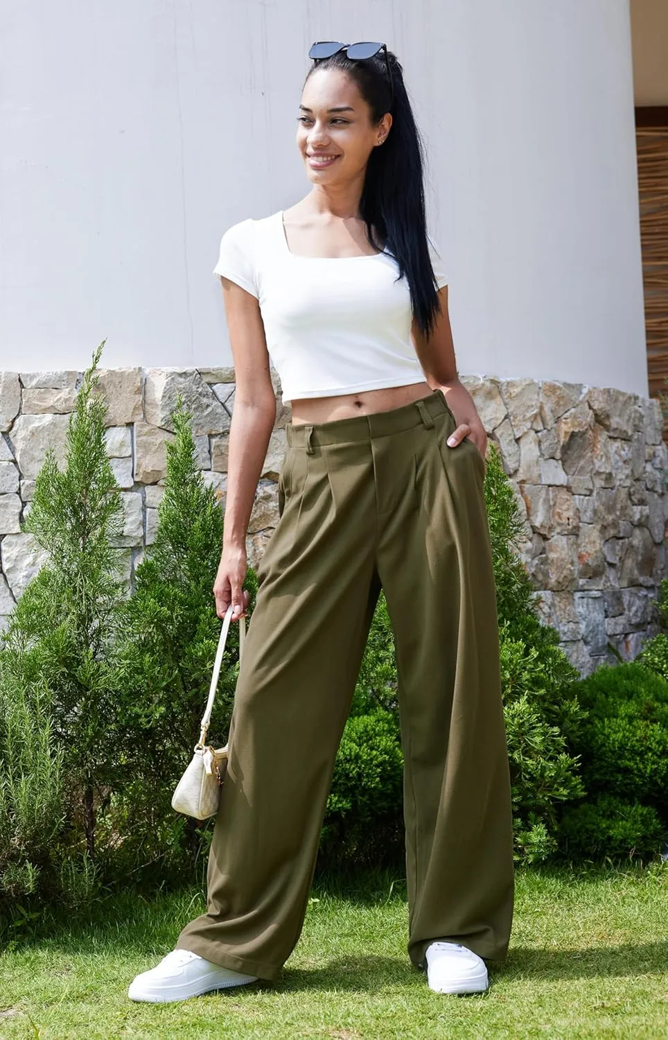 Libin Women's Wide Leg Pants 27"/29" High Waisted Waffle Knit Casual Slacks Work Pants Business Palazzo Trousers with Pockets