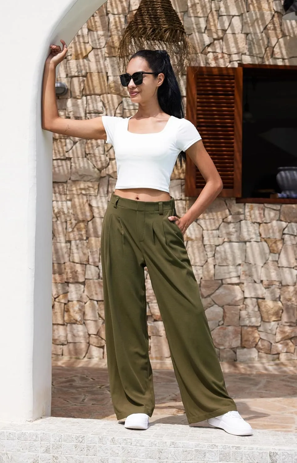 Libin Women's Wide Leg Pants 27"/29" High Waisted Waffle Knit Casual Slacks Work Pants Business Palazzo Trousers with Pockets