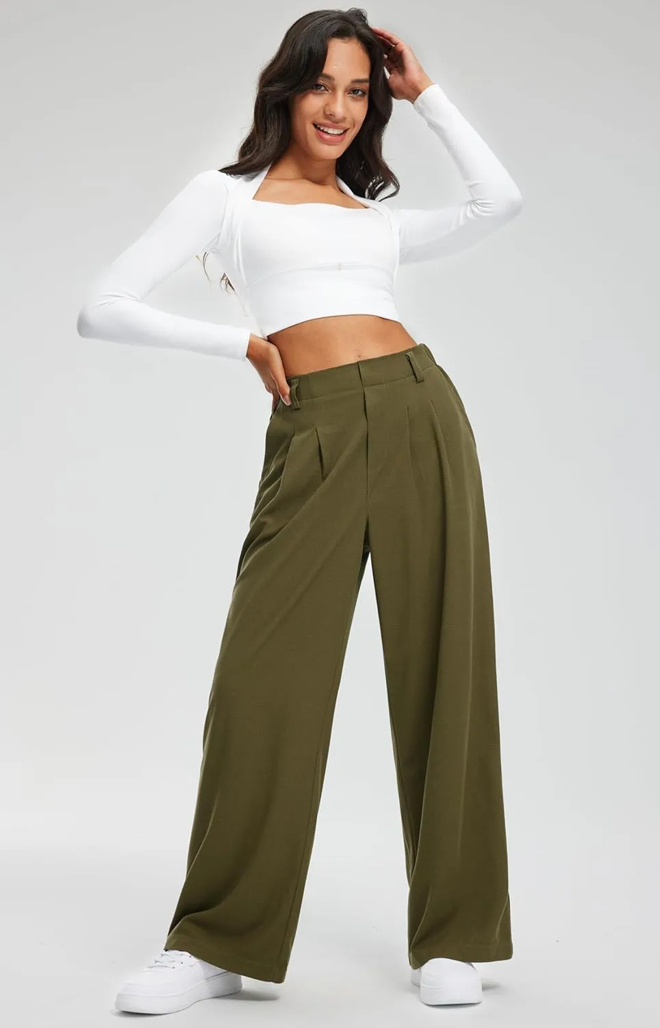 Libin Women's Wide Leg Pants 27"/29" High Waisted Waffle Knit Casual Slacks Work Pants Business Palazzo Trousers with Pockets