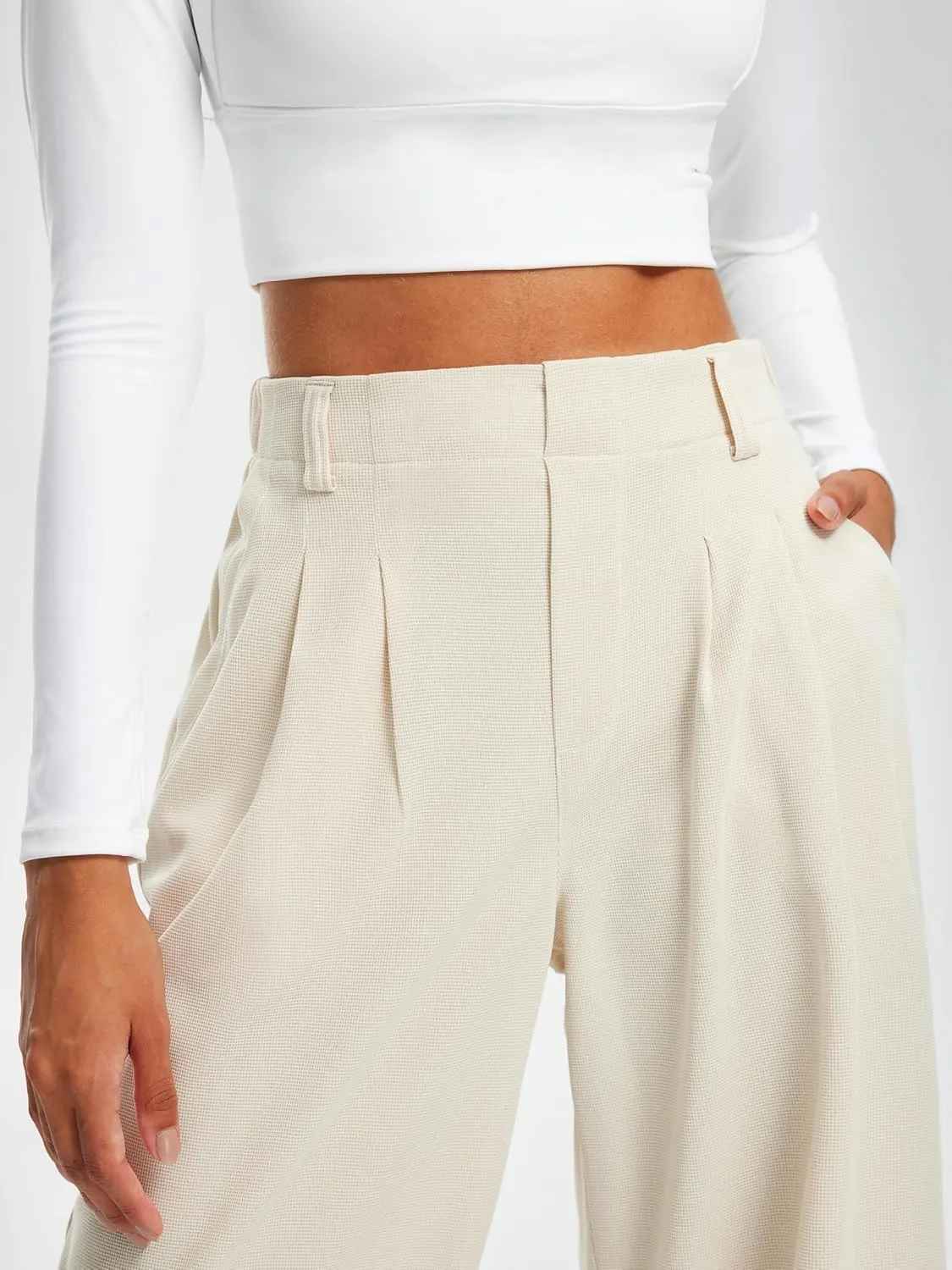 Libin Women's Wide Leg Pants 27"/29" High Waisted Waffle Knit Casual Slacks Work Pants Business Palazzo Trousers with Pockets