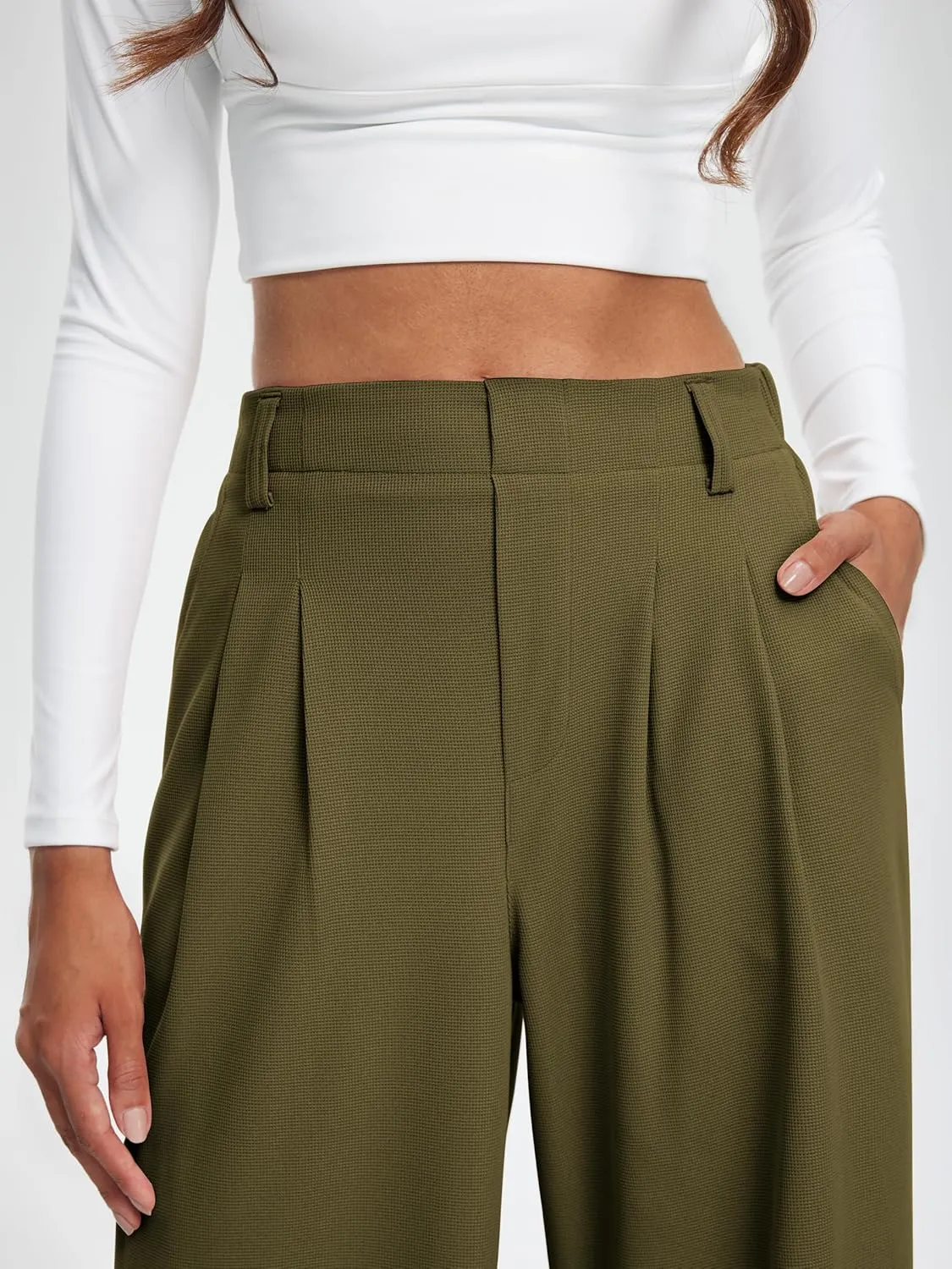 Libin Women's Wide Leg Pants 27"/29" High Waisted Waffle Knit Casual Slacks Work Pants Business Palazzo Trousers with Pockets