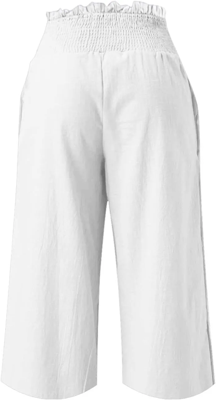 Linen Capri Pants for Women Loose Smocked High Waisted Wide Leg Pants with Pockets Lightweight Summer Lounge Pant