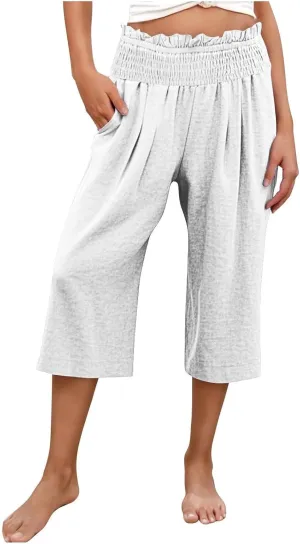 Linen Capri Pants for Women Loose Smocked High Waisted Wide Leg Pants with Pockets Lightweight Summer Lounge Pant